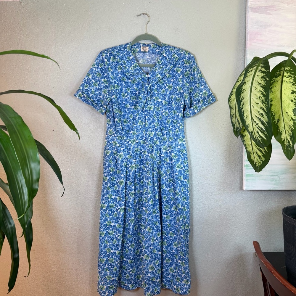 Vintage 50s Shelton Stroller Blue Green Floral Pleated Pussybow V Neck Dress L